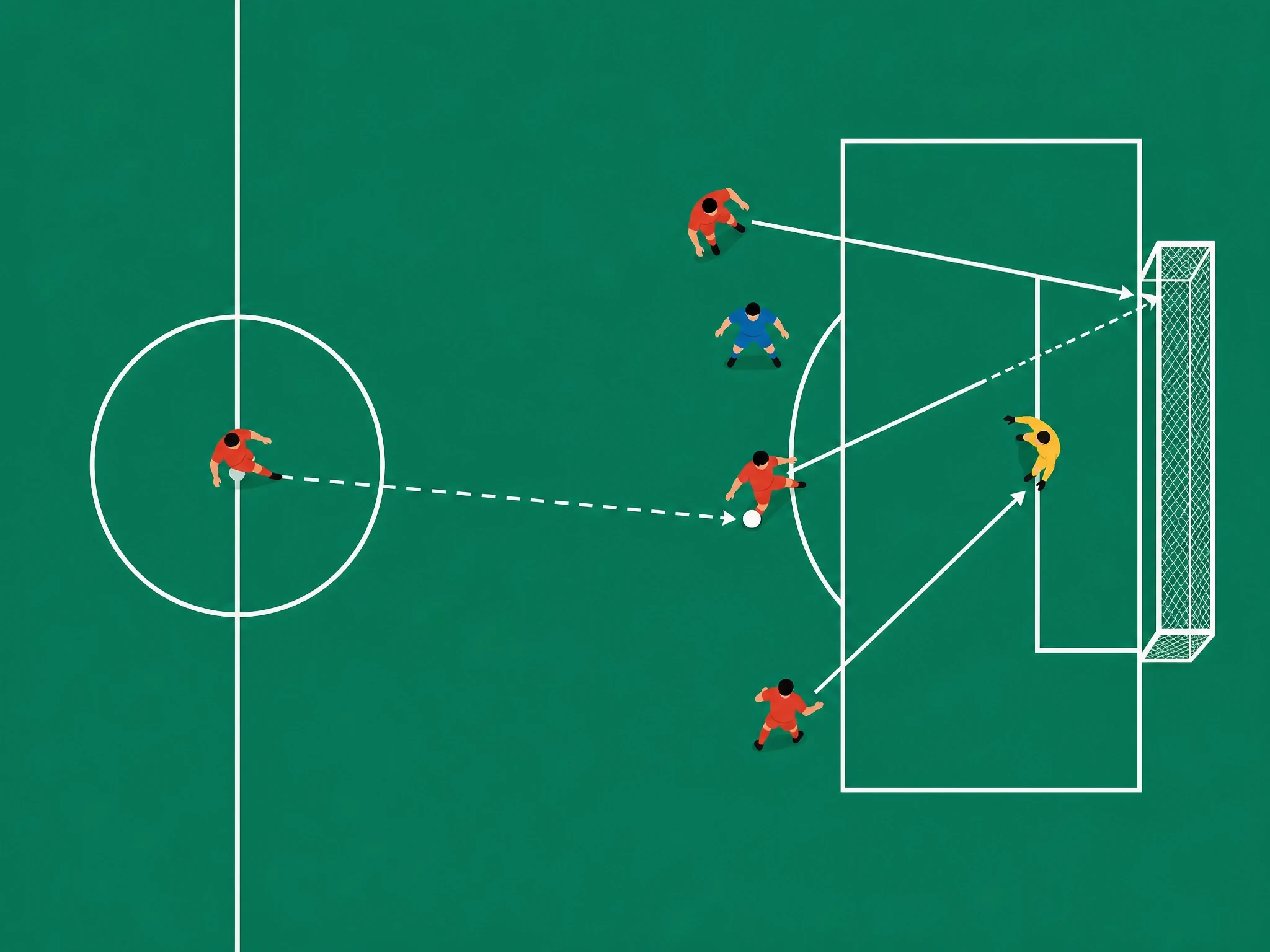 A midfielder playing three passes that lead to blocked or saved shots and one pass that leads to a goal, showing key passes and an assist together making up chances created