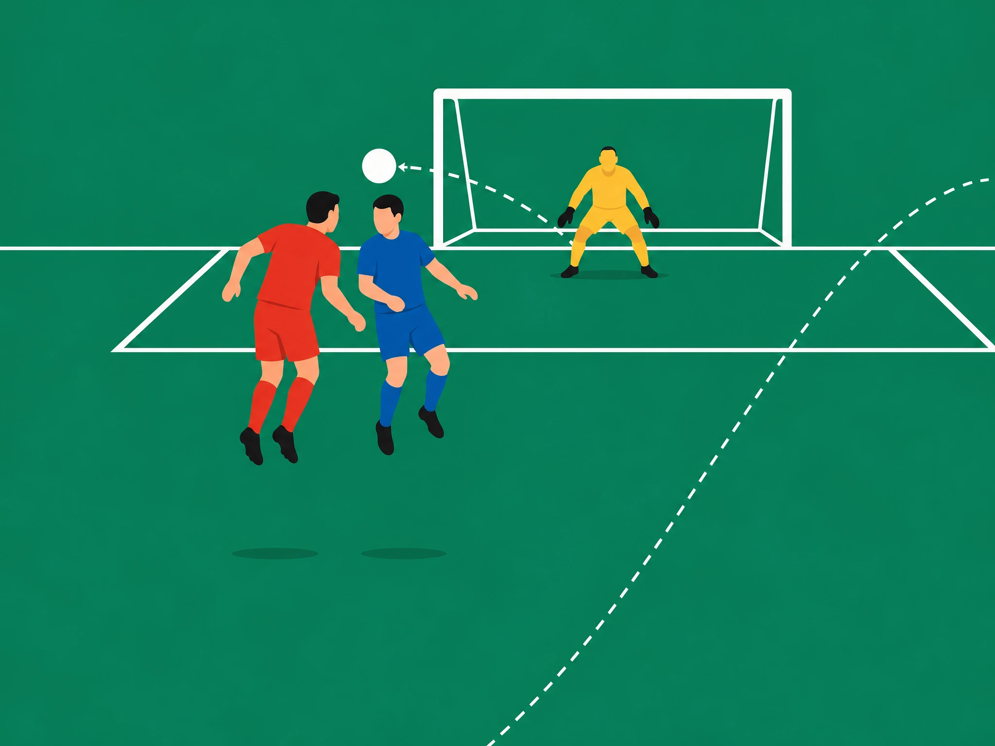 A red attacker and a blue defender both jumping to challenge for the same ball in the air