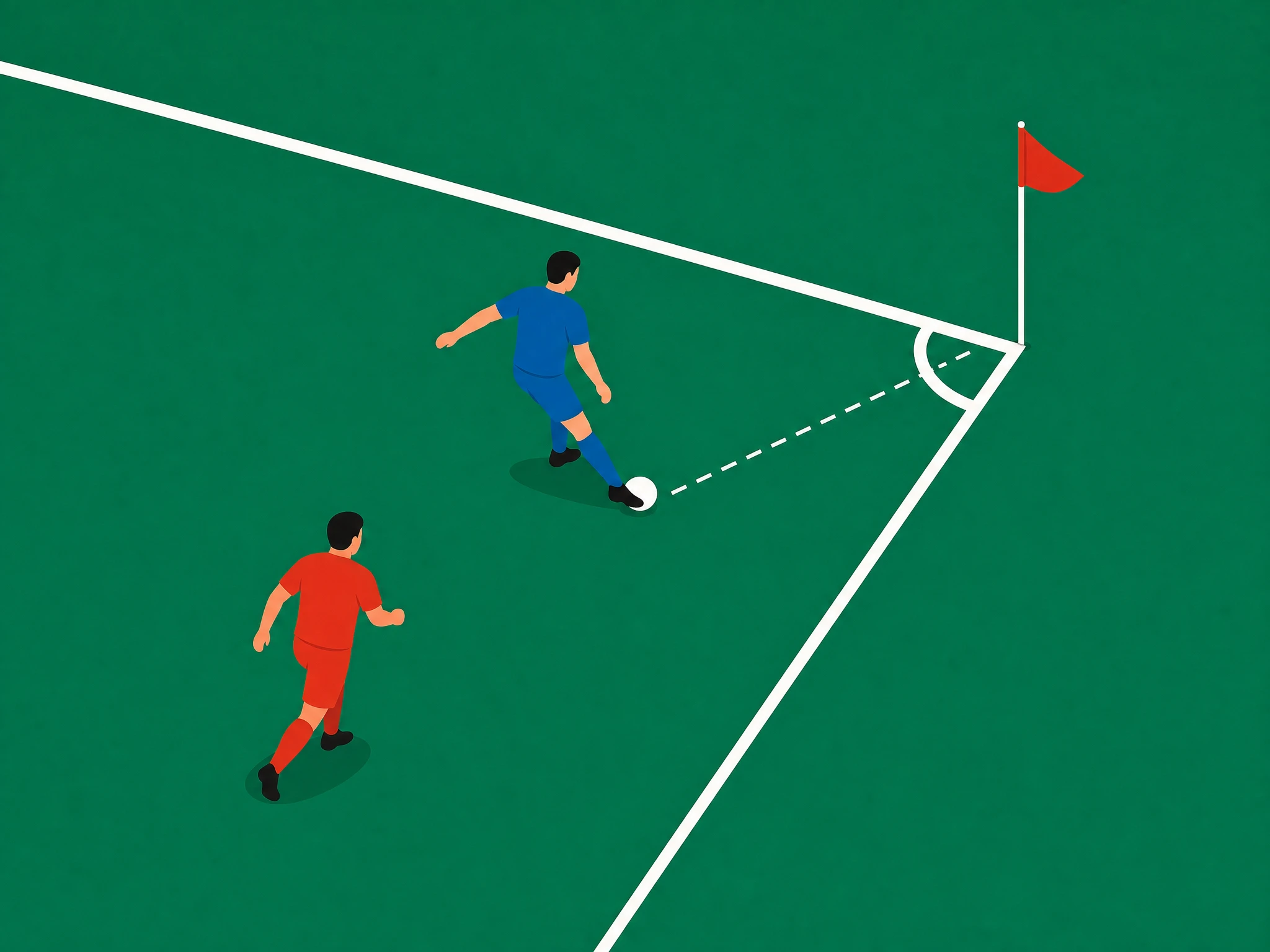 The ball crossing the goal line after deflecting off a defending player, with the corner arc marked in the foreground