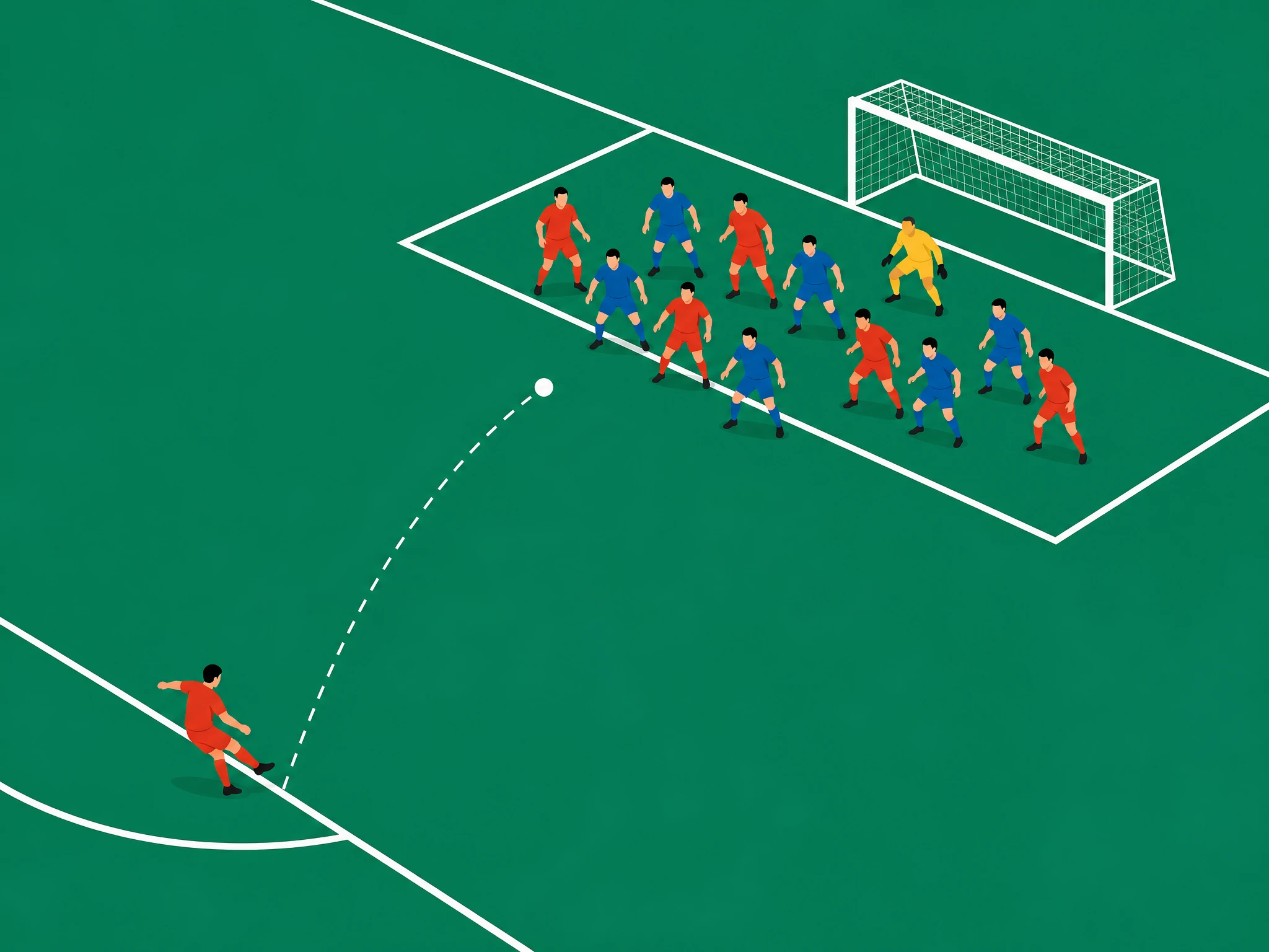 A corner being swung in from the corner arc toward a crowd of attackers and defenders in the penalty box