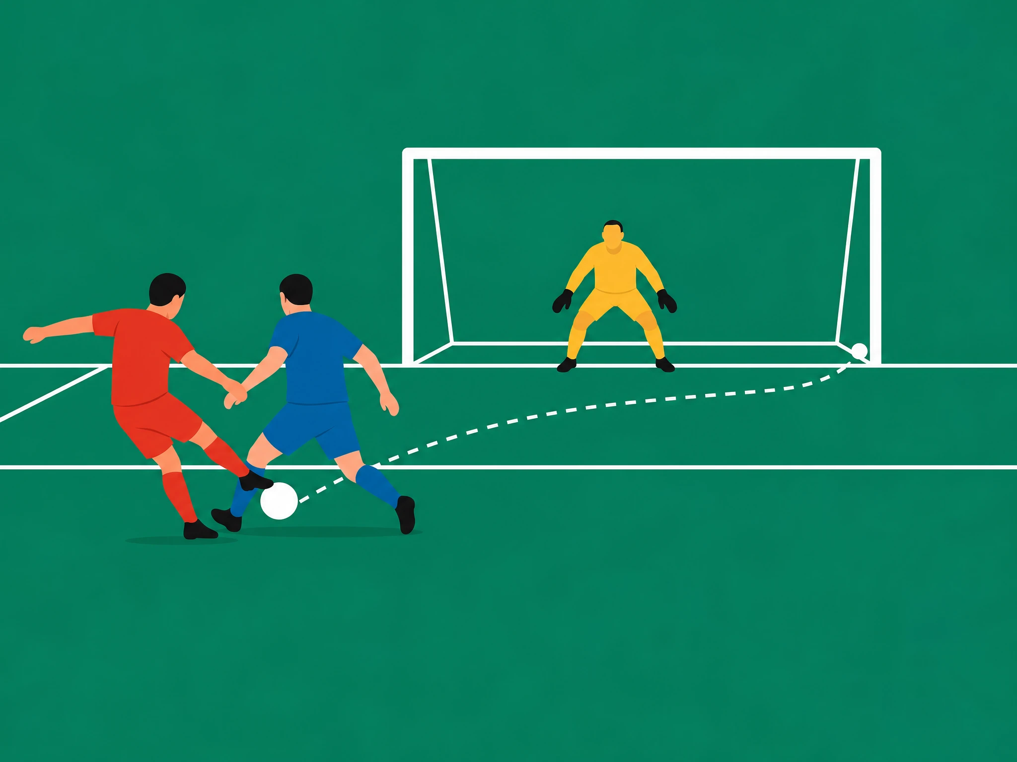 An attacker shooting from a tighter angle with a defender closing them down, not tagged as a big chance