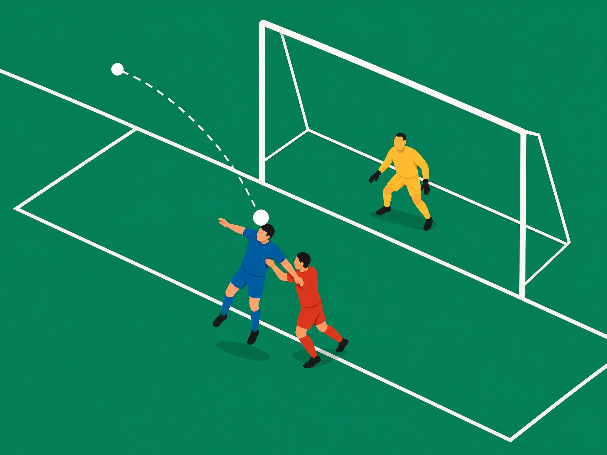 A defender heading the ball clear from near their own box under pressure from an attacker