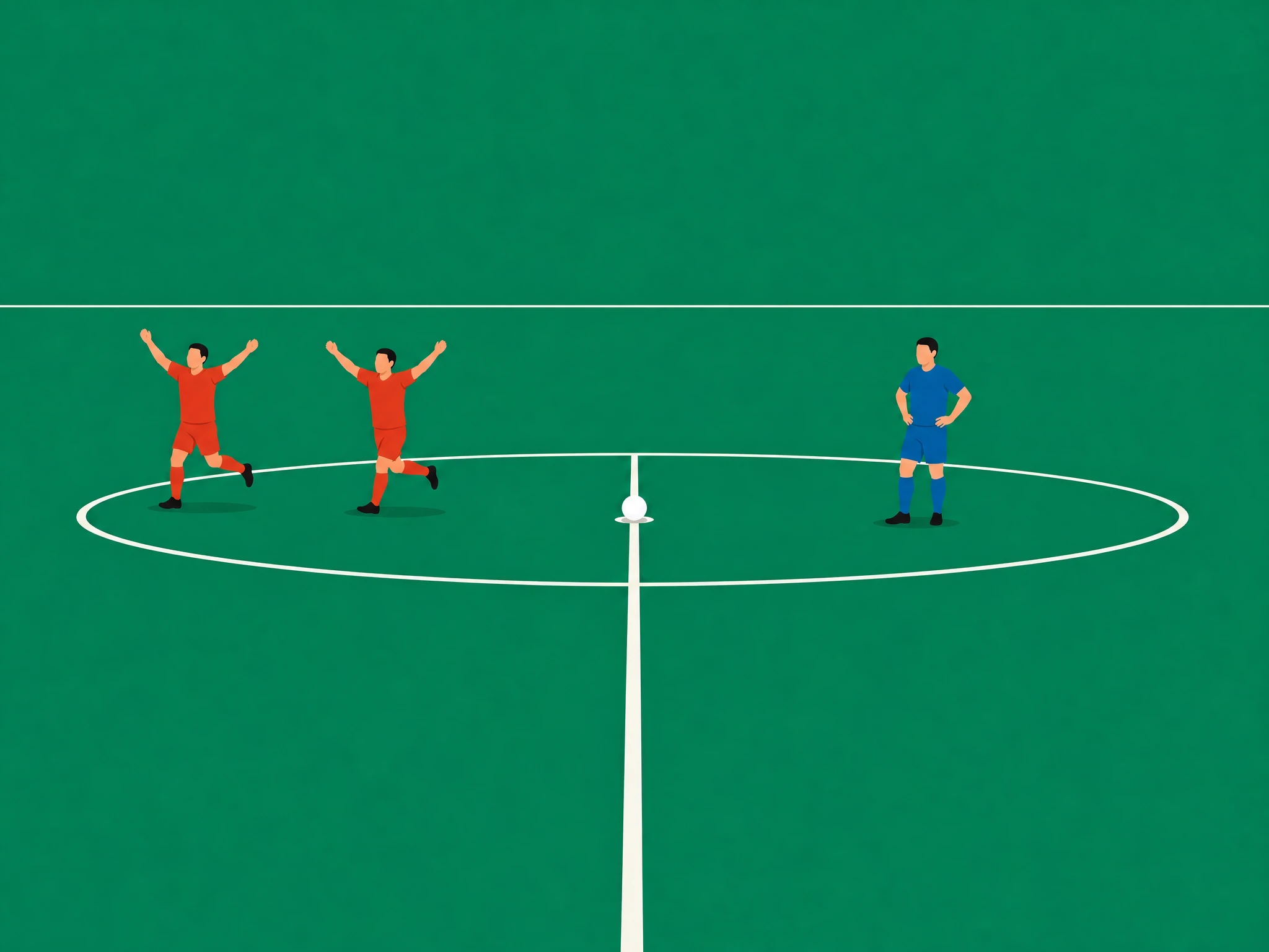 Two players celebrating going two goals up while an opponent stands near the halfway line