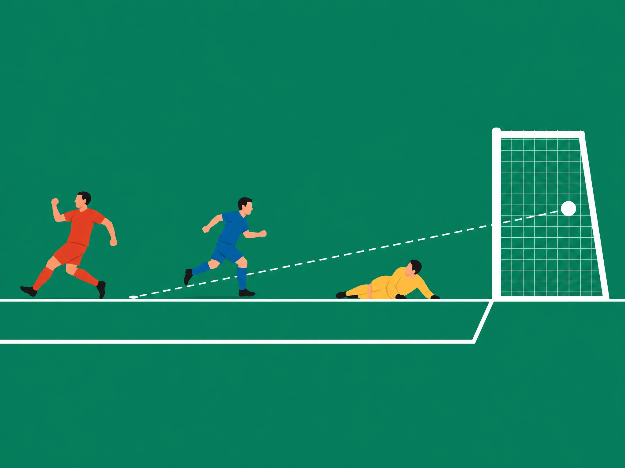 An attacker celebrating as the ball crosses the goal line for the first goal of the match, with the opposing goalkeeper grounded behind the line