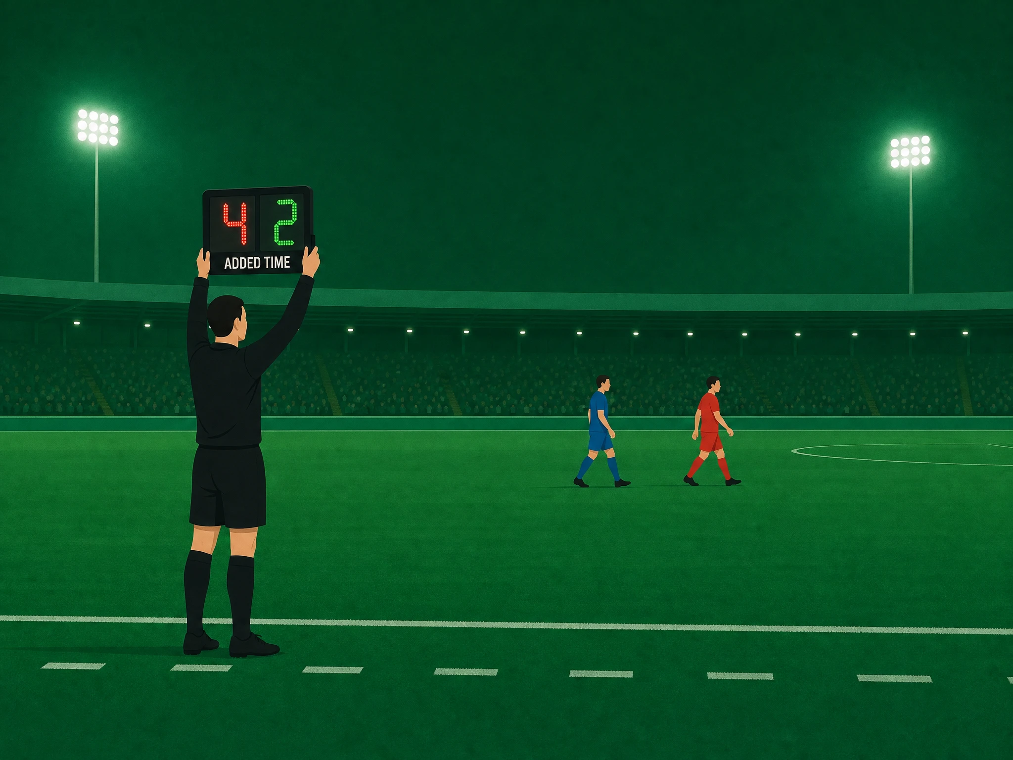 A fourth official holding up an electronic board showing an added-time number