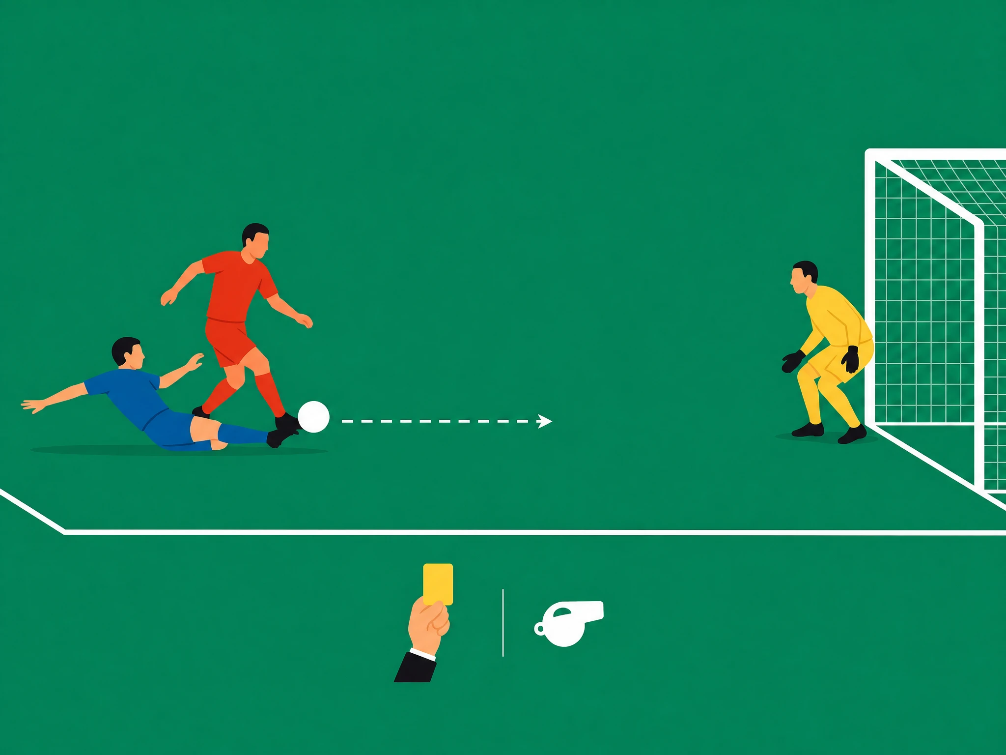 The same situation but the foul happens just inside the penalty area with the defender making a genuine attempt to play the ball