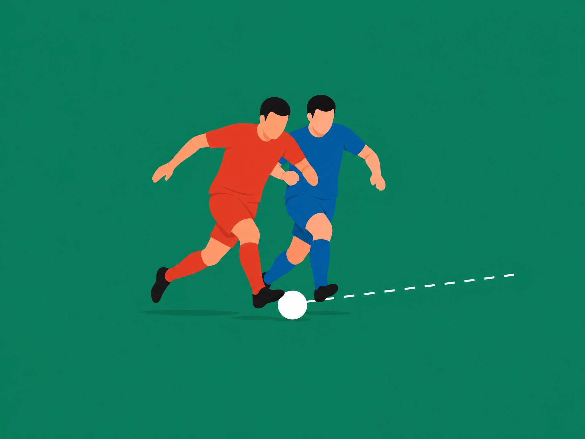 A red attacker and a blue defender shoulder to shoulder contesting a loose ball on the ground, a 50-50 ground duel
