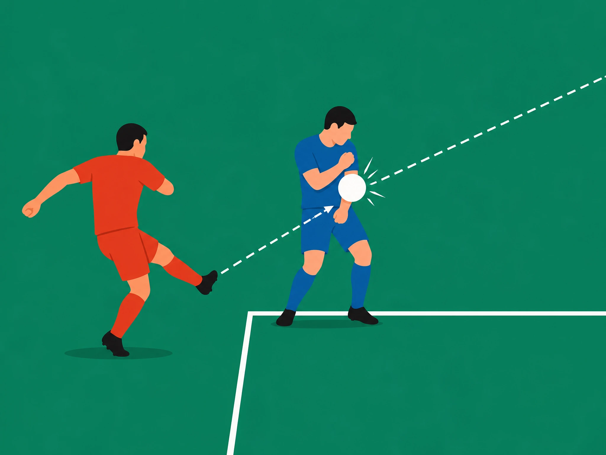 A shot deflecting off a defender's chest and rebounding onto an arm held close to the body, not a handball
