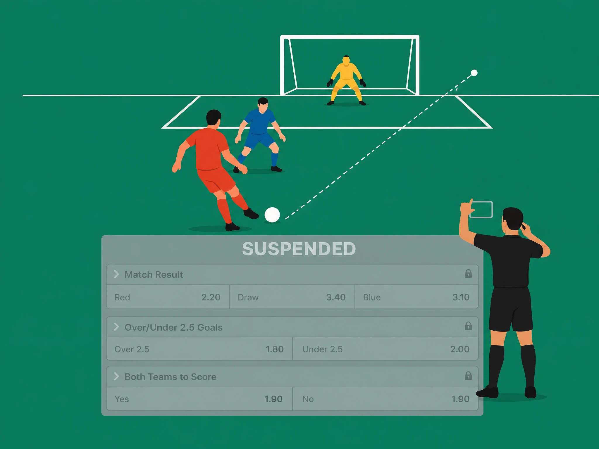 An in-play prop market panel greyed out and labelled suspended over a pitch scene where a referee signals a VAR check after a shot