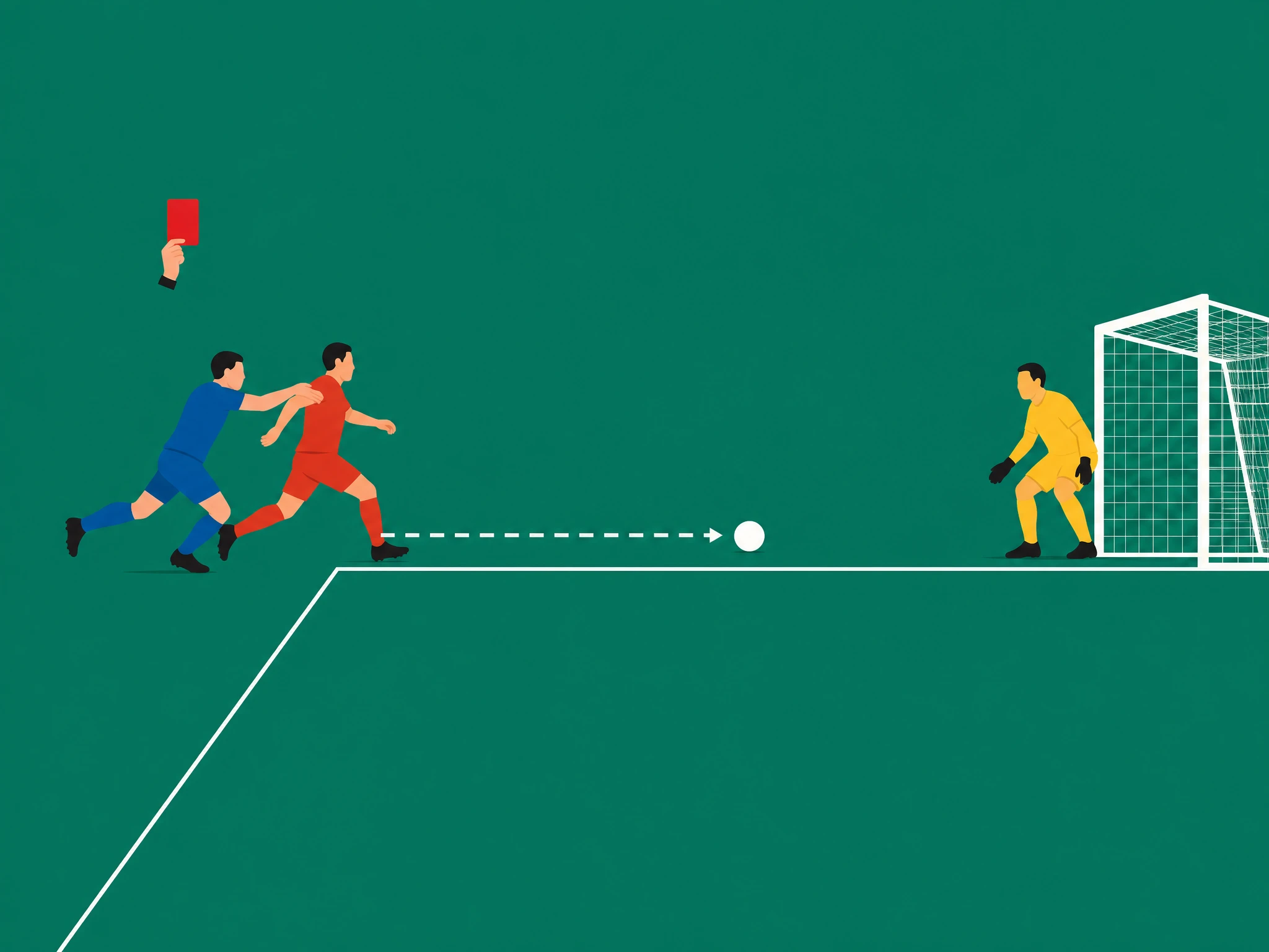A lone attacker fouled by the last defender just outside the penalty area, a straight red card scenario