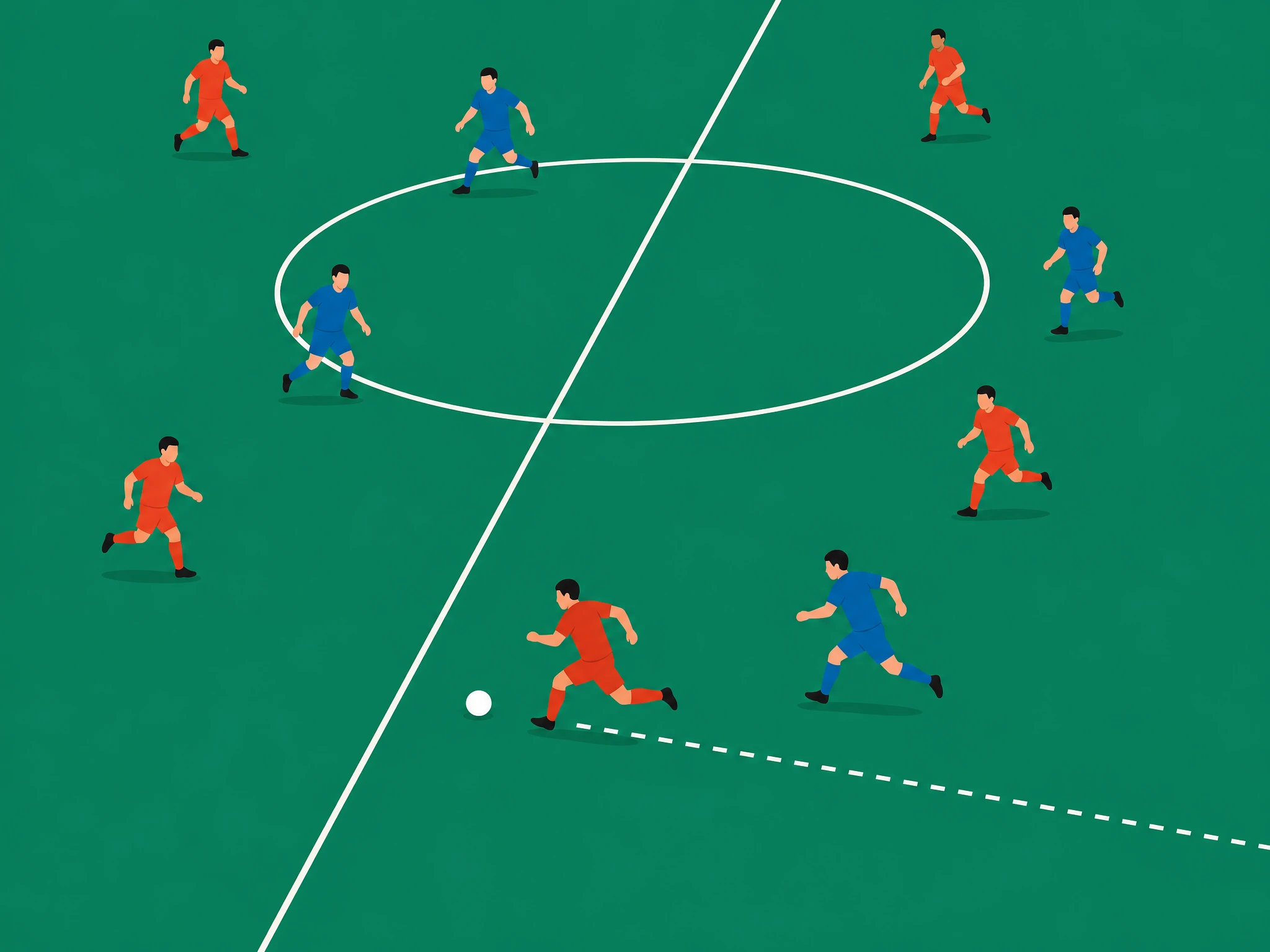 A loose ball in midfield with neither team in control and a red midfielder arriving first to win the recovery