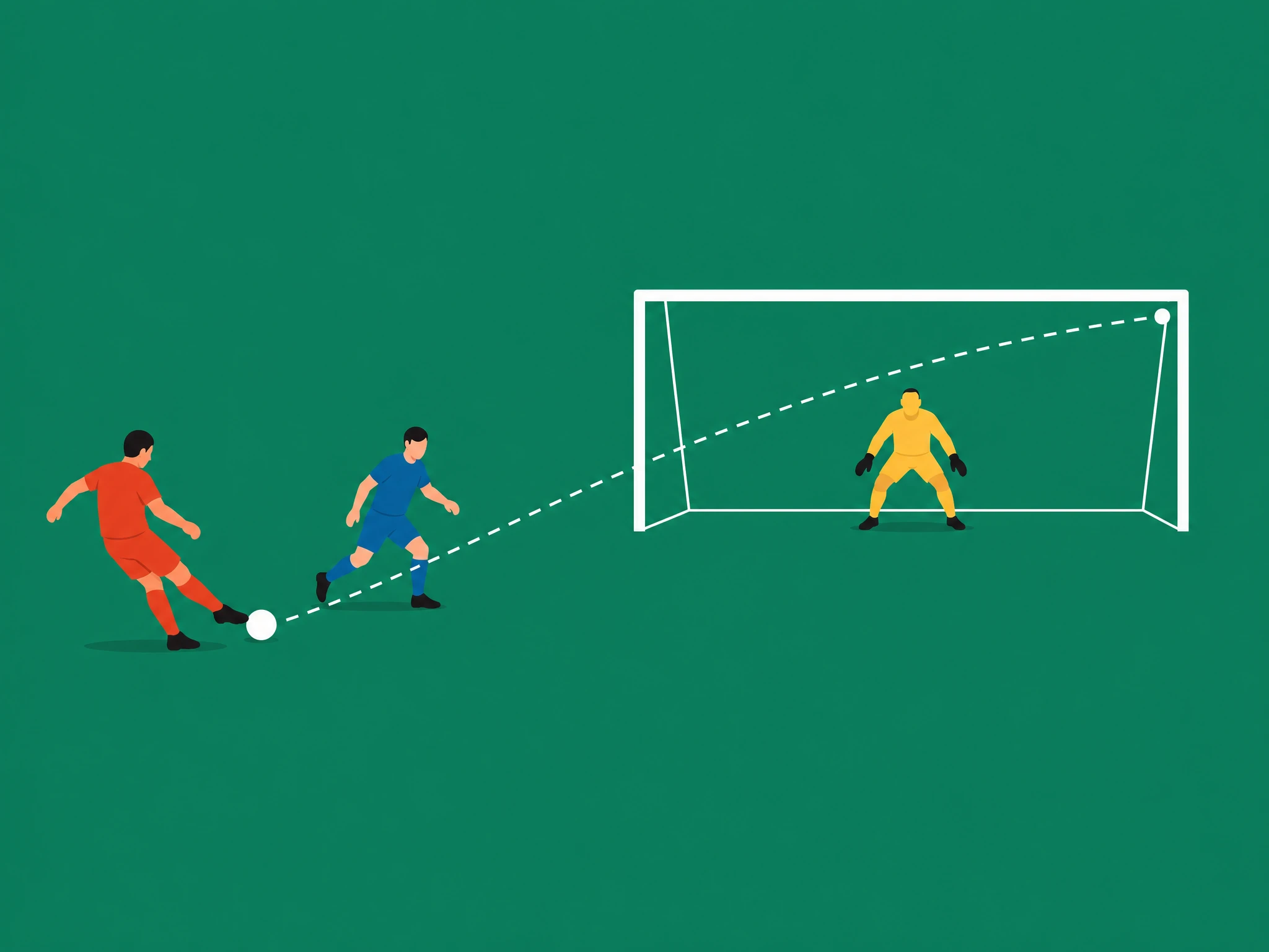 A long-range shot at a tight angle to goal with a defender blocking the sightline, a low-probability chance