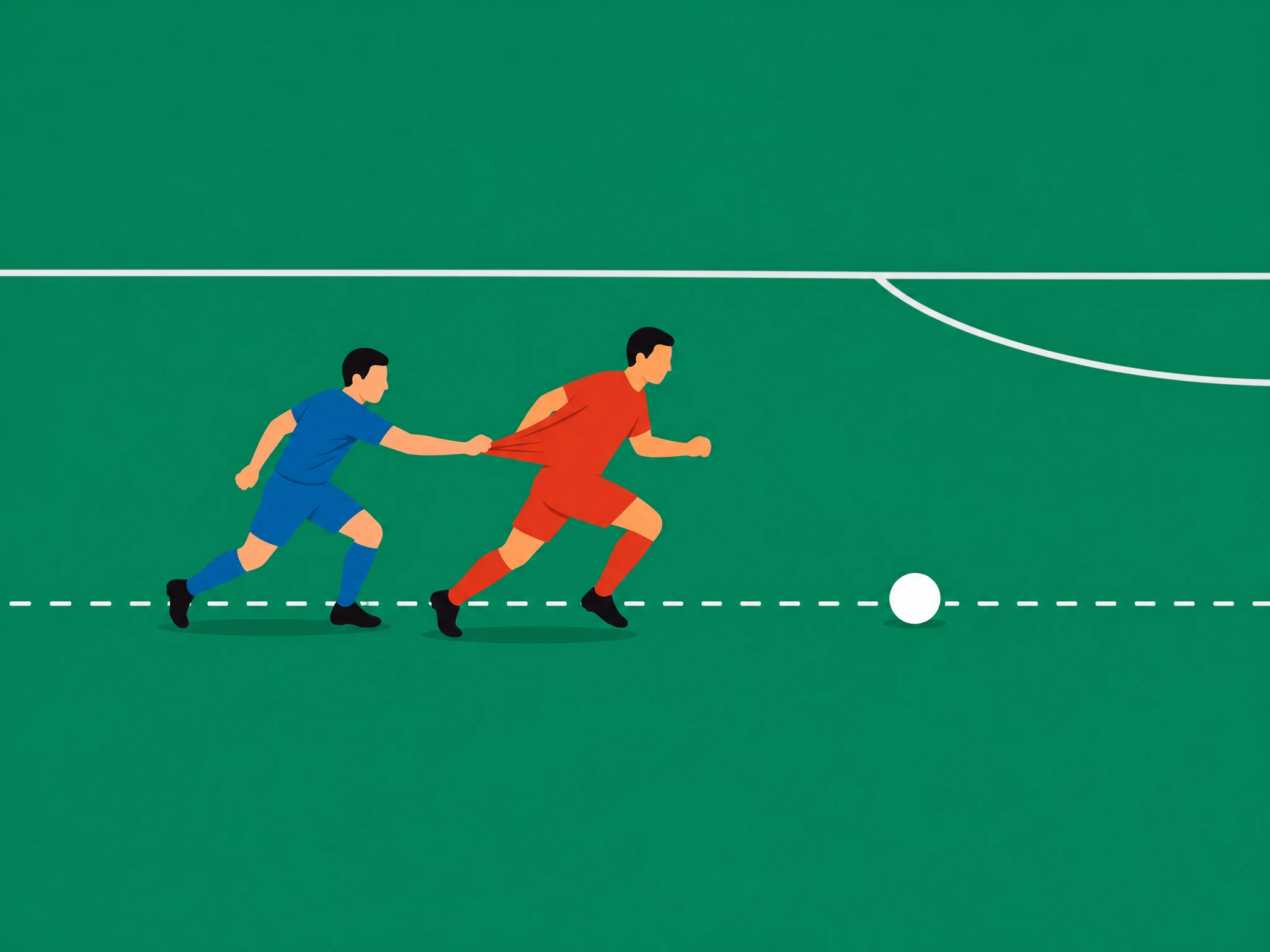 A defender pulling back an attacker on a counter-attack in midfield, well away from goal, a stops-a-promising-attack scenario
