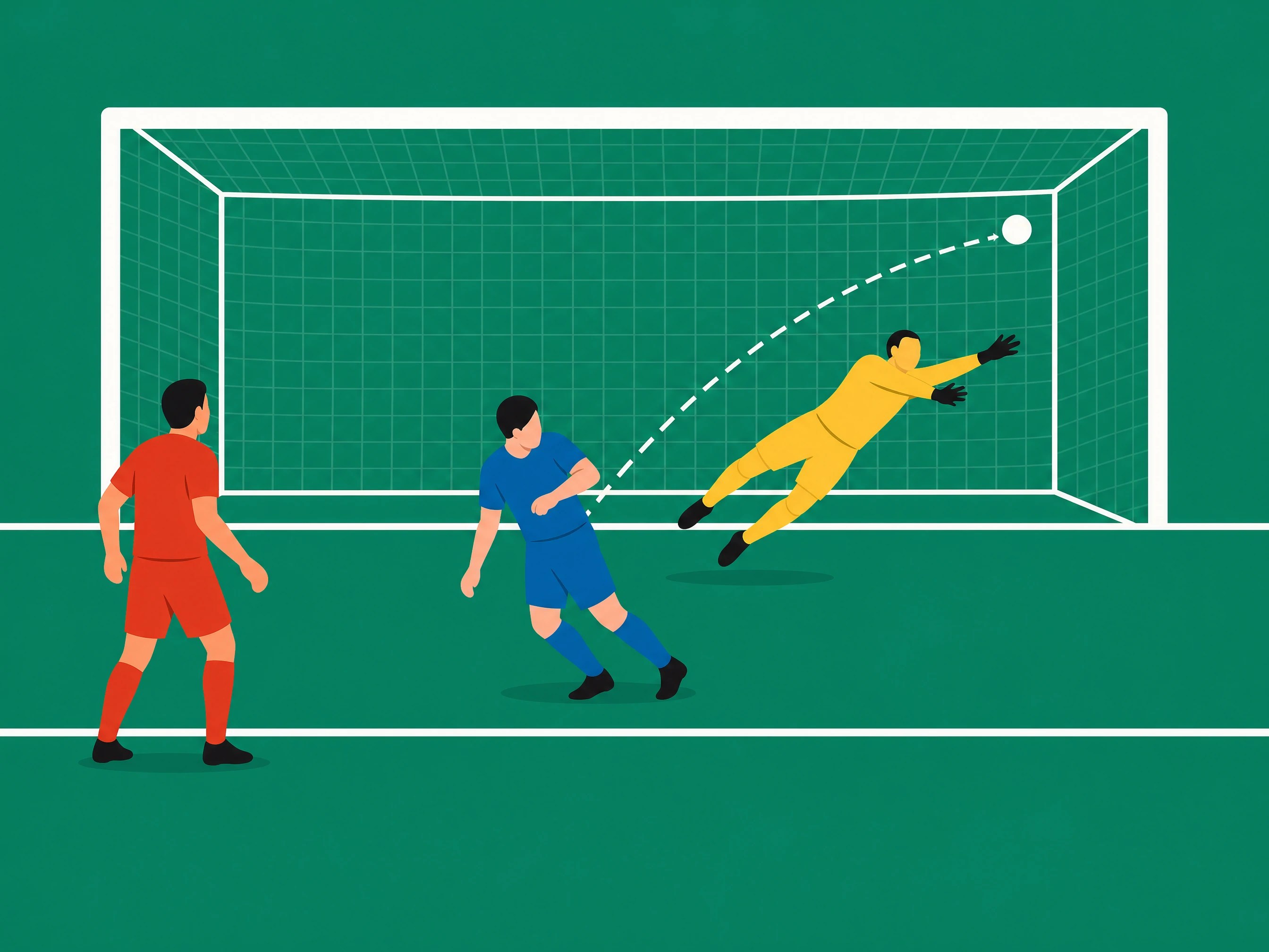 A defender turning the ball into their own net while an attacker from the opposing team looks on, with the ball's dashed path curving into the net