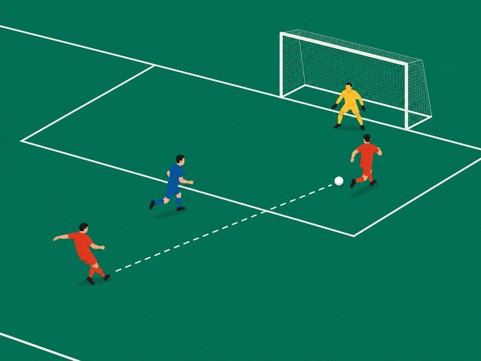A midfielder playing a pass with a dashed line to a forward who scores, showing the final touch that becomes an assist
