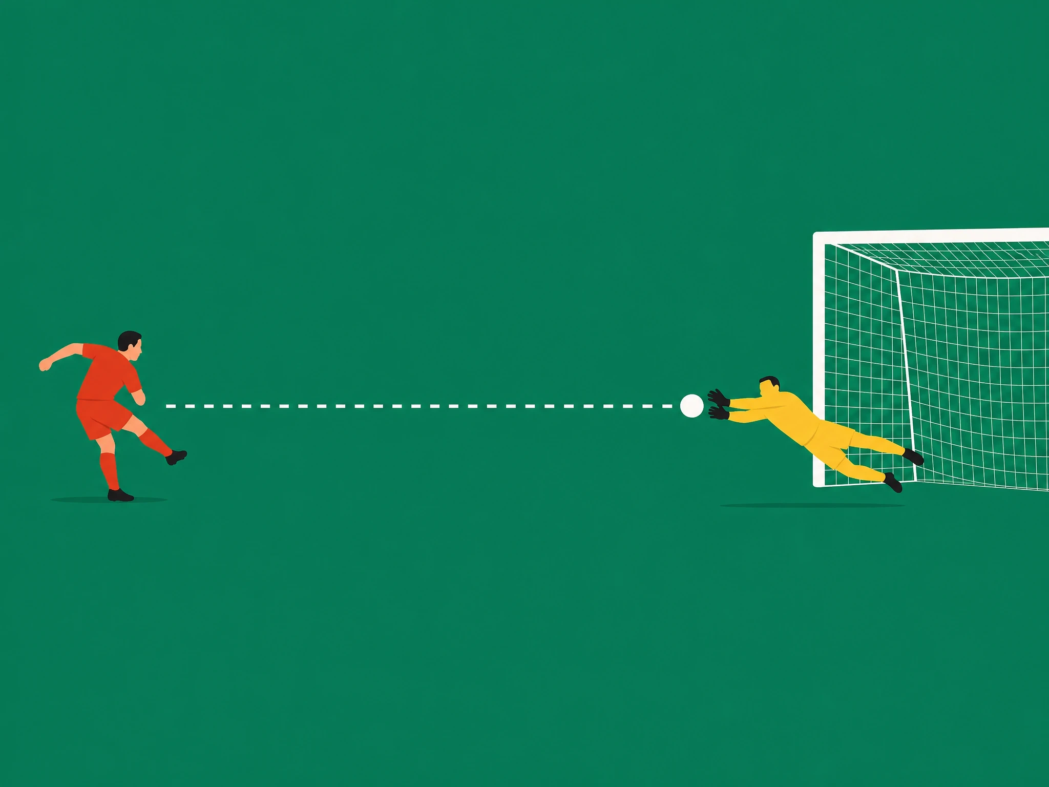 A goalkeeper diving with one foot off the goal line, saving a penalty, which forces a retake