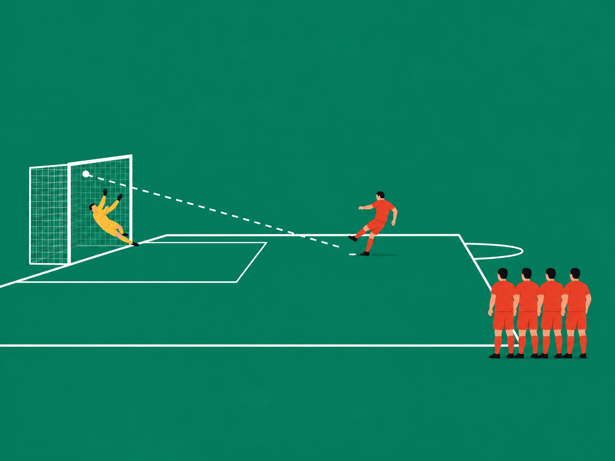 A penalty shootout moment, side view, with the goalkeeper diving as the ball travels towards goal