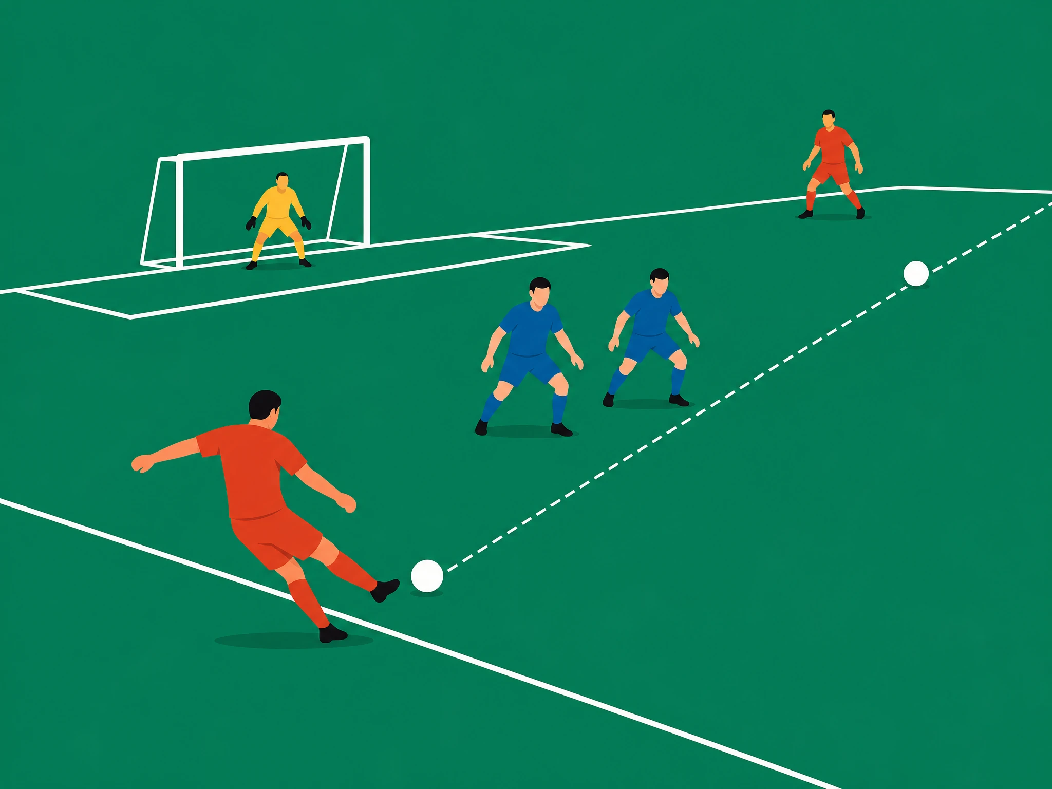 A midfielder attempting a forward pass threaded between two defenders, a high-risk pass that lowers completion percentage