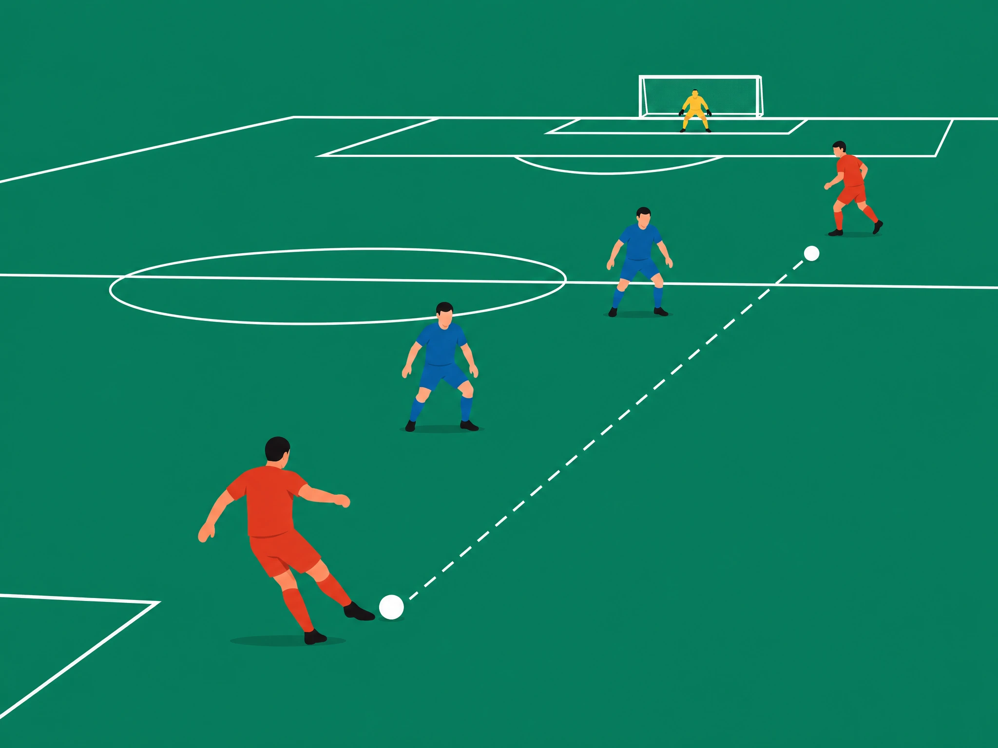 A long forward pass played between two defenders towards the opponent's goal, the kind of pass that counts as progressive