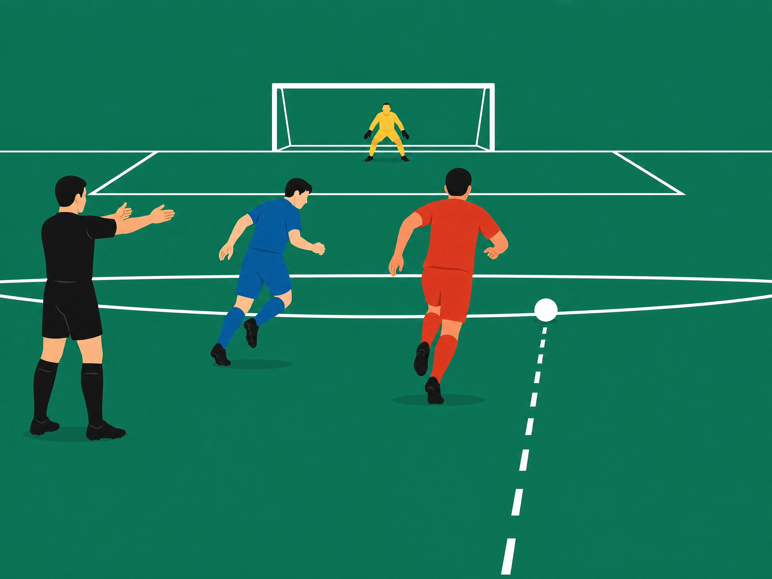 A referee sweeping both arms forward to signal advantage after a foul, as the fouled team's attacker runs onto the ball