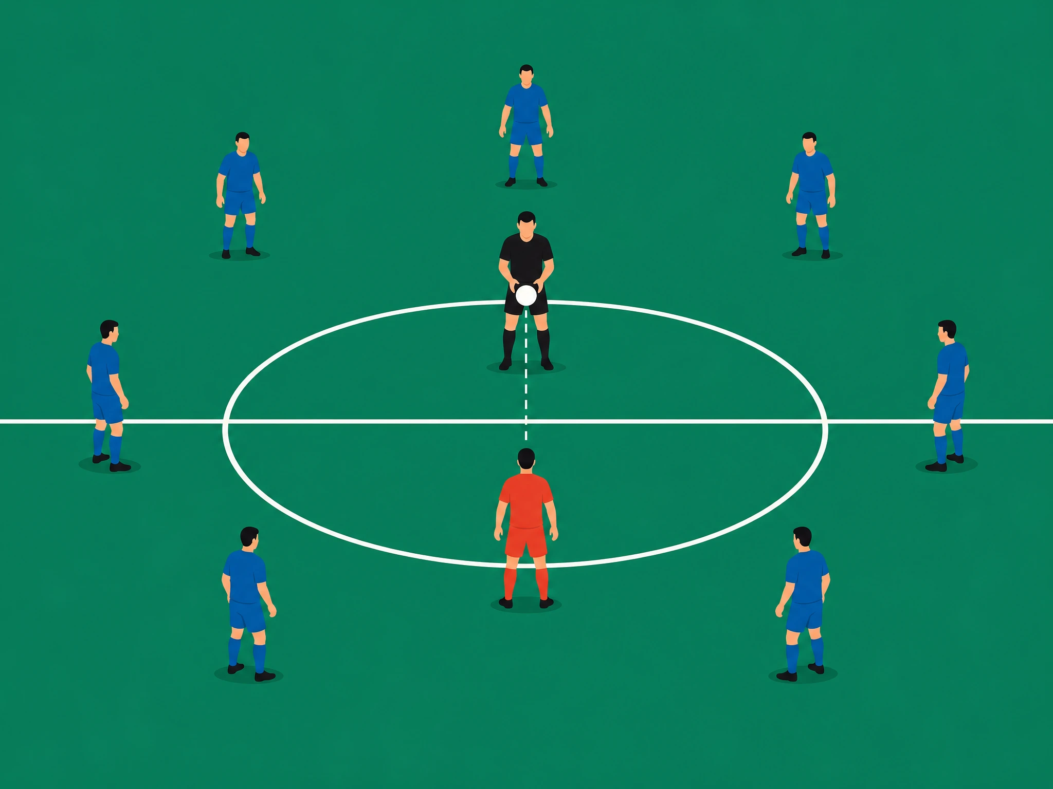A referee dropping the ball to a single red player while blue players stand back at a distance, the uncontested drop ball