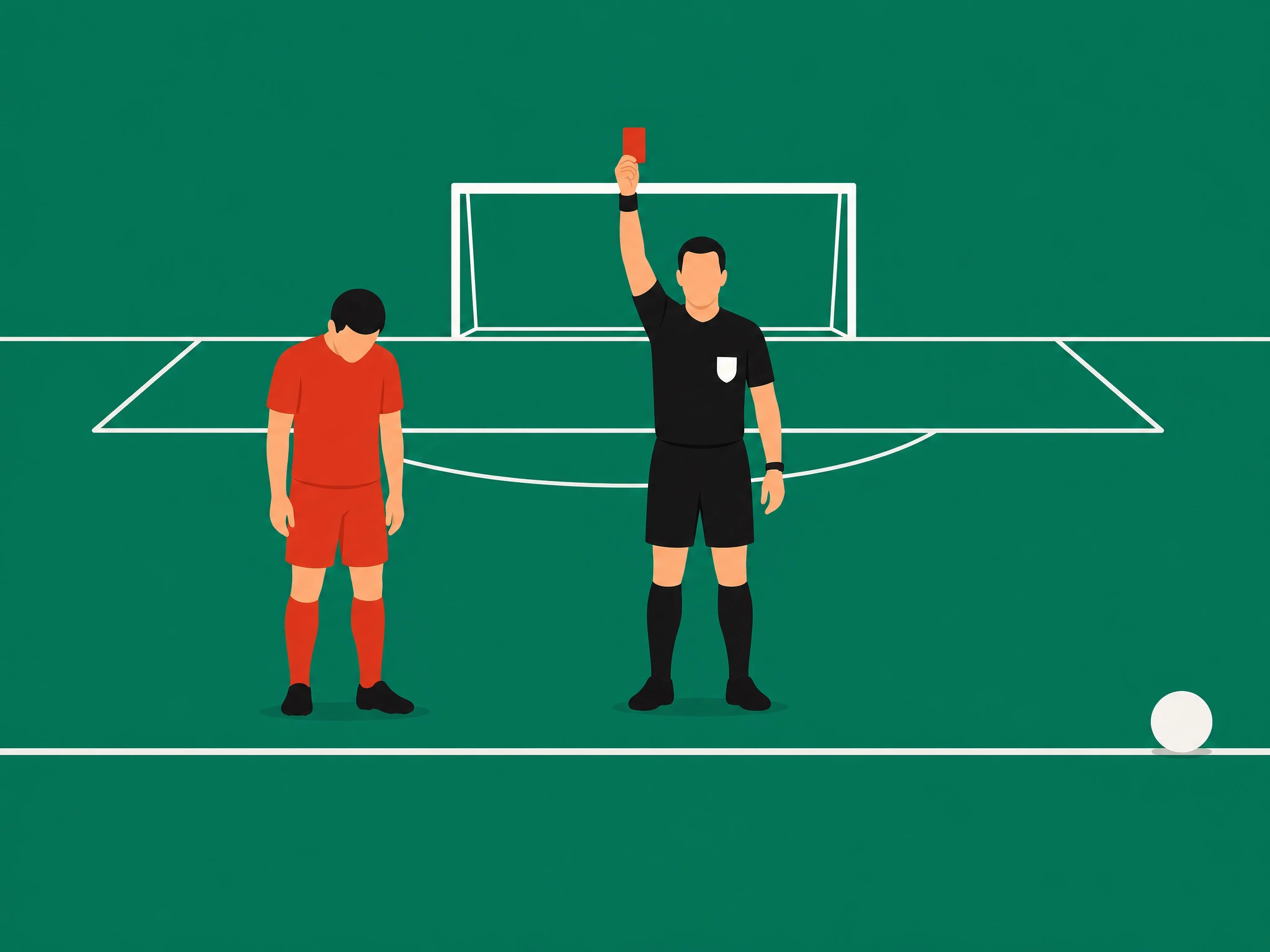 A referee holding up a red card to a player after a sending-off offence