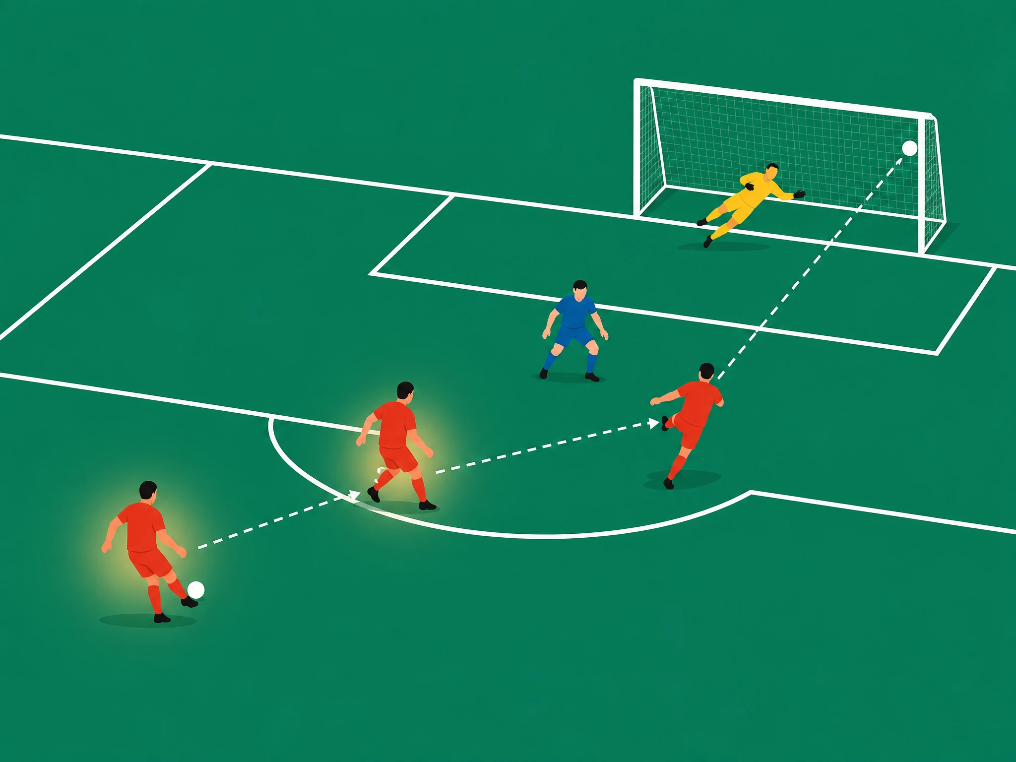 Three attacking players in sequence: two passes into a shot on goal, with the two passers highlighted as the two shot-creating actions credited for that shot