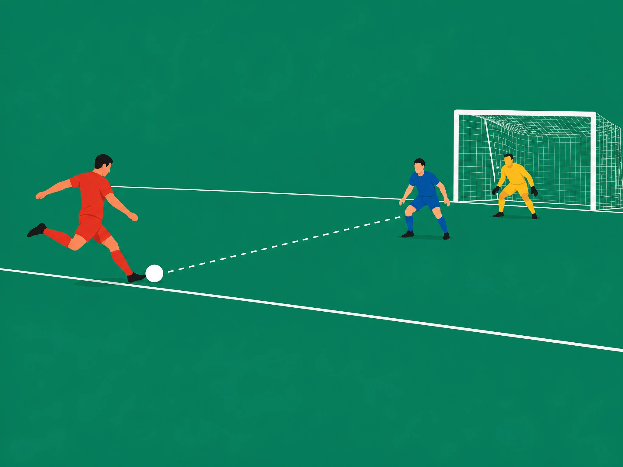 An attacker striking the ball from just beyond the edge of the penalty area, with the box line visible under their striking foot