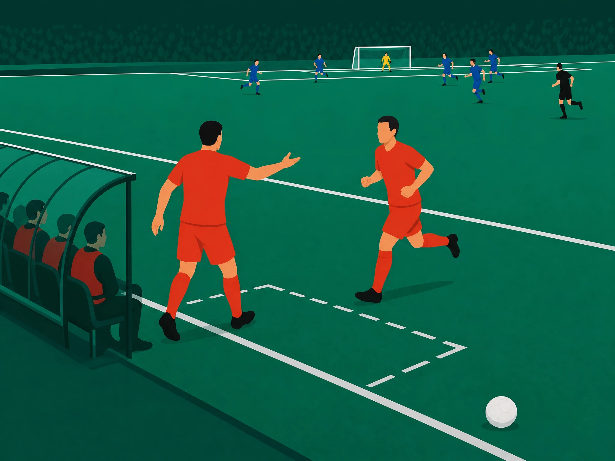 A player leaving the pitch near the technical area as a substitute comes on, with play continuing elsewhere