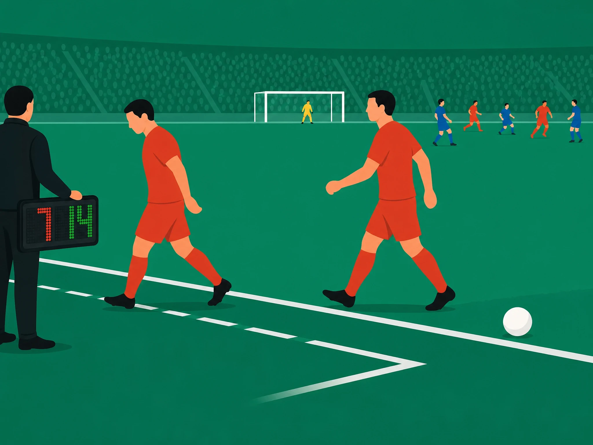 A substitution at the touchline while play continues elsewhere on the pitch