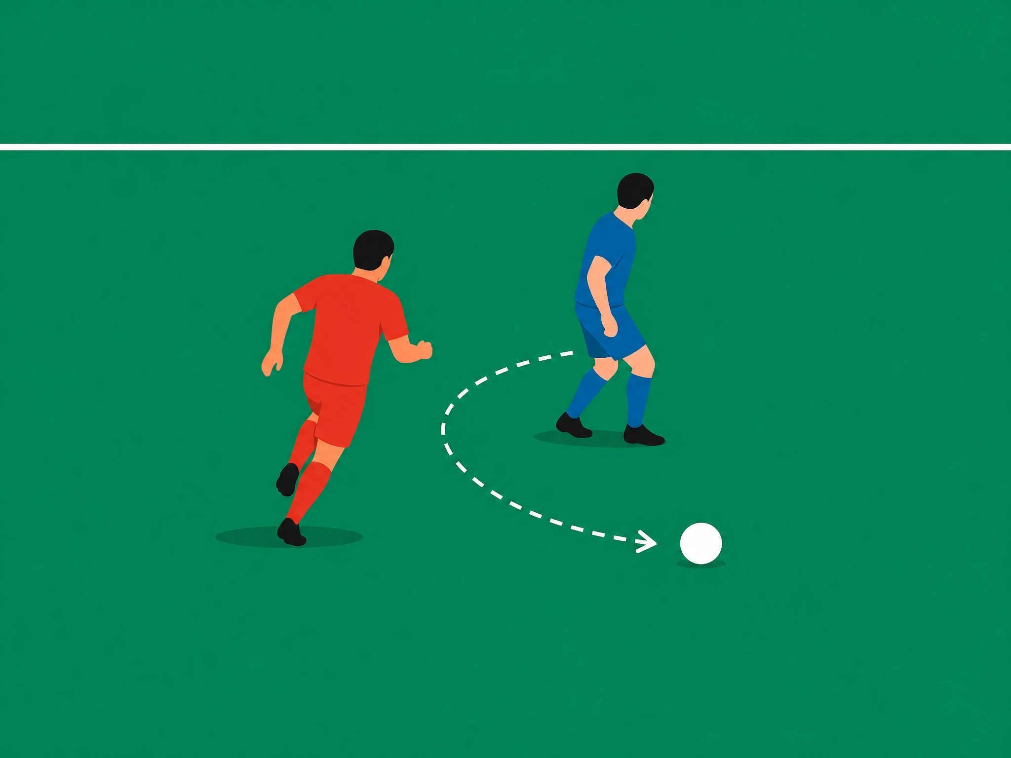 An attacker knocking the ball past a defender and running around them to collect it, a successful take-on