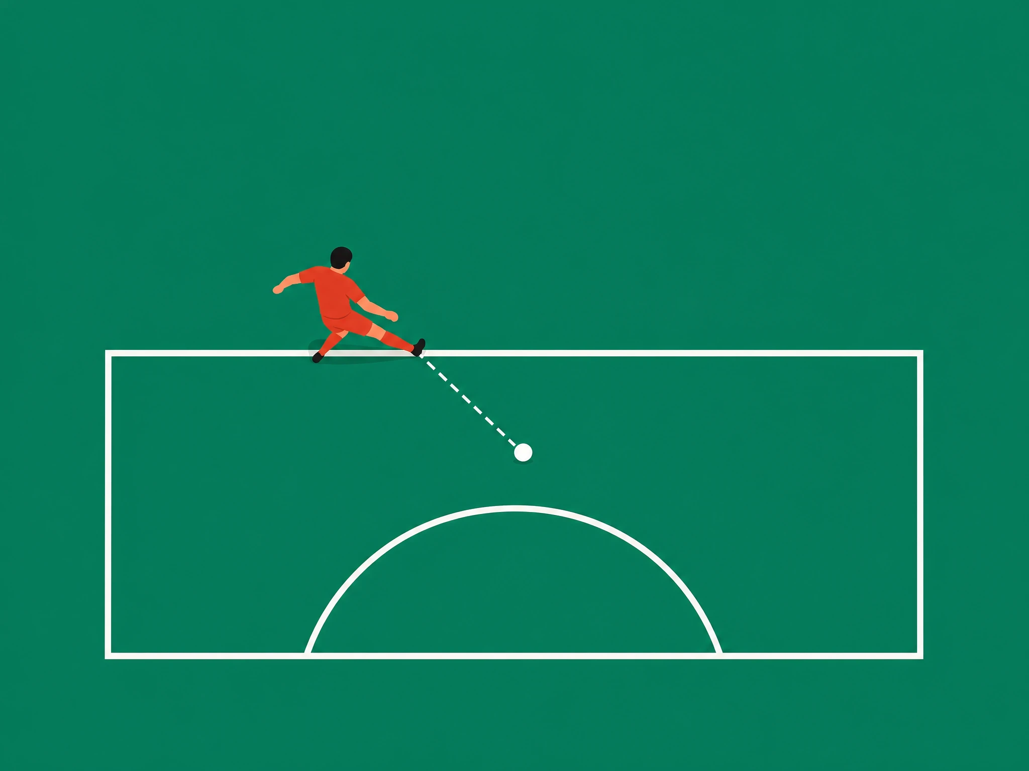 An attacker stretching a leg across the penalty area line to make contact with a ball that is still inside the box, illustrating that the ball's position decides a touch in the box, not the player's