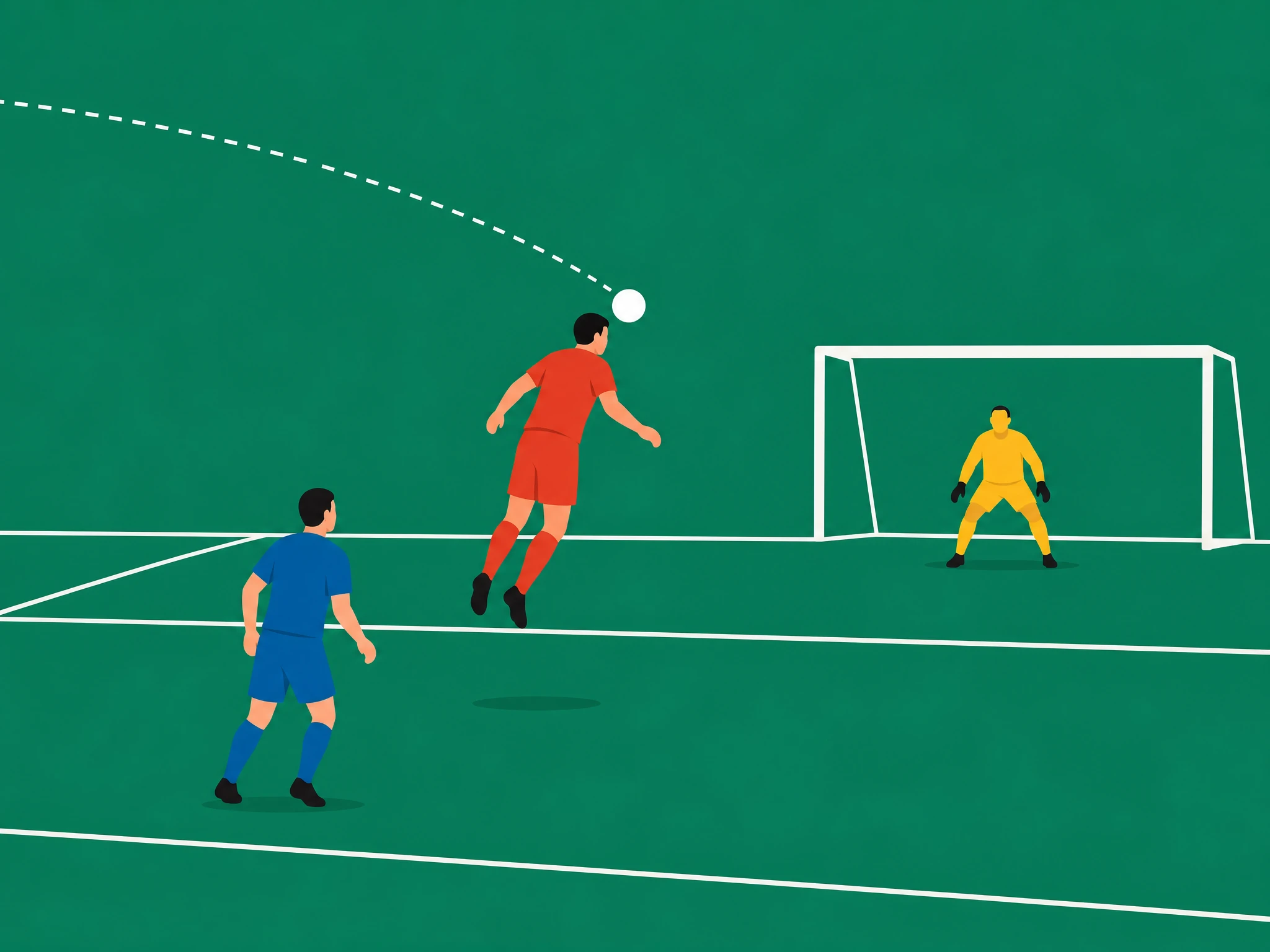 An attacker heading the ball alone with the nearest defender yards away and not challenging