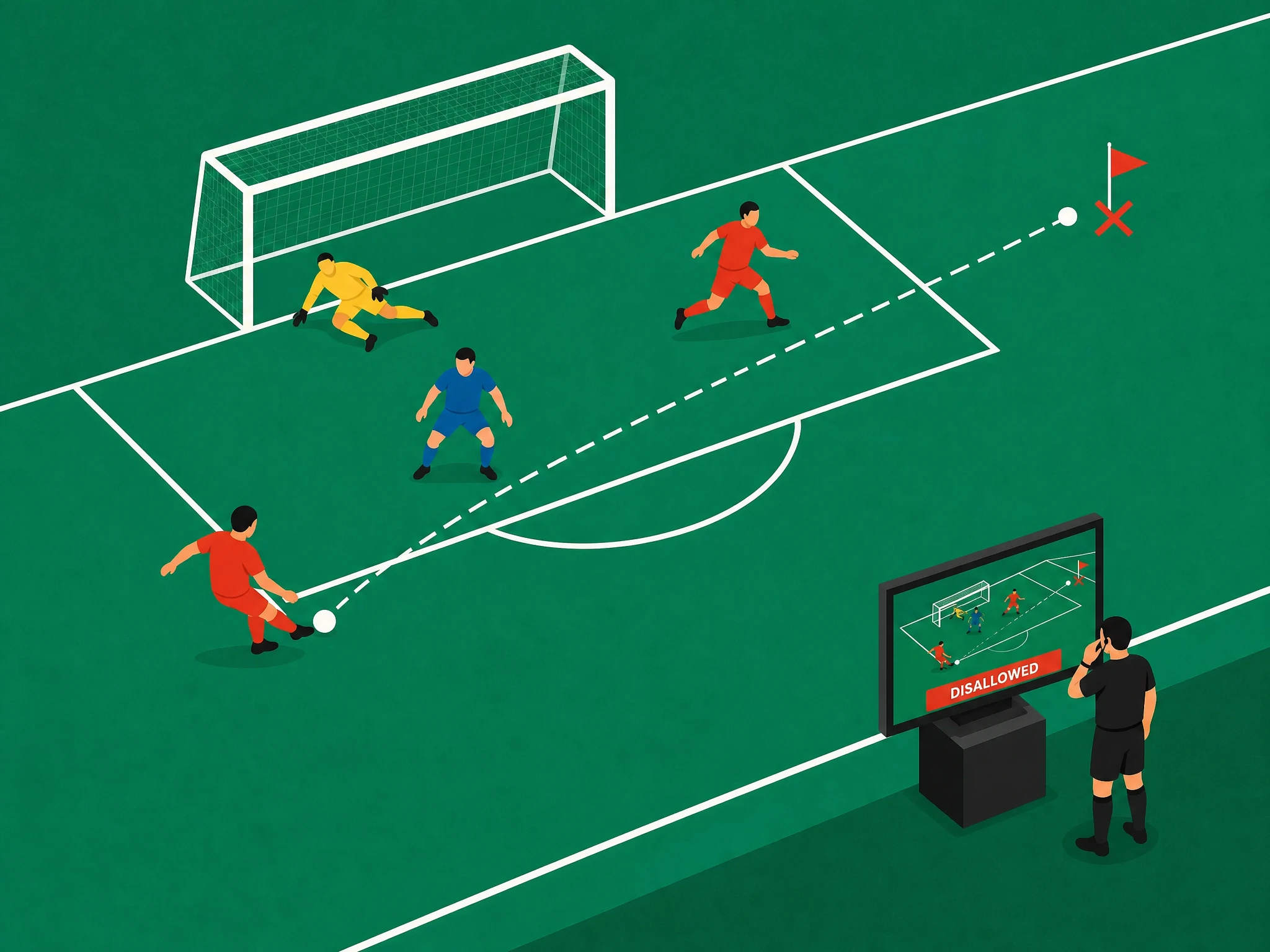 A midfielder's pass leading to a goal, with a referee reviewing the goal on a pitchside monitor and a flag showing it has been disallowed